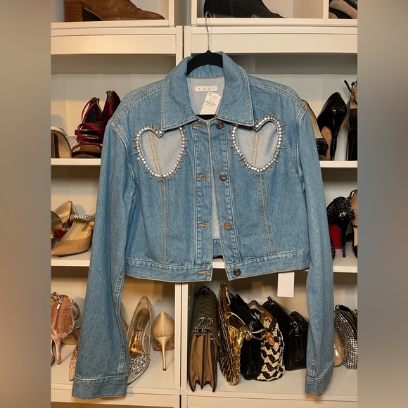AREA NWT Crystal Heart Denim Jacket Size Large - Picture 3 of 10